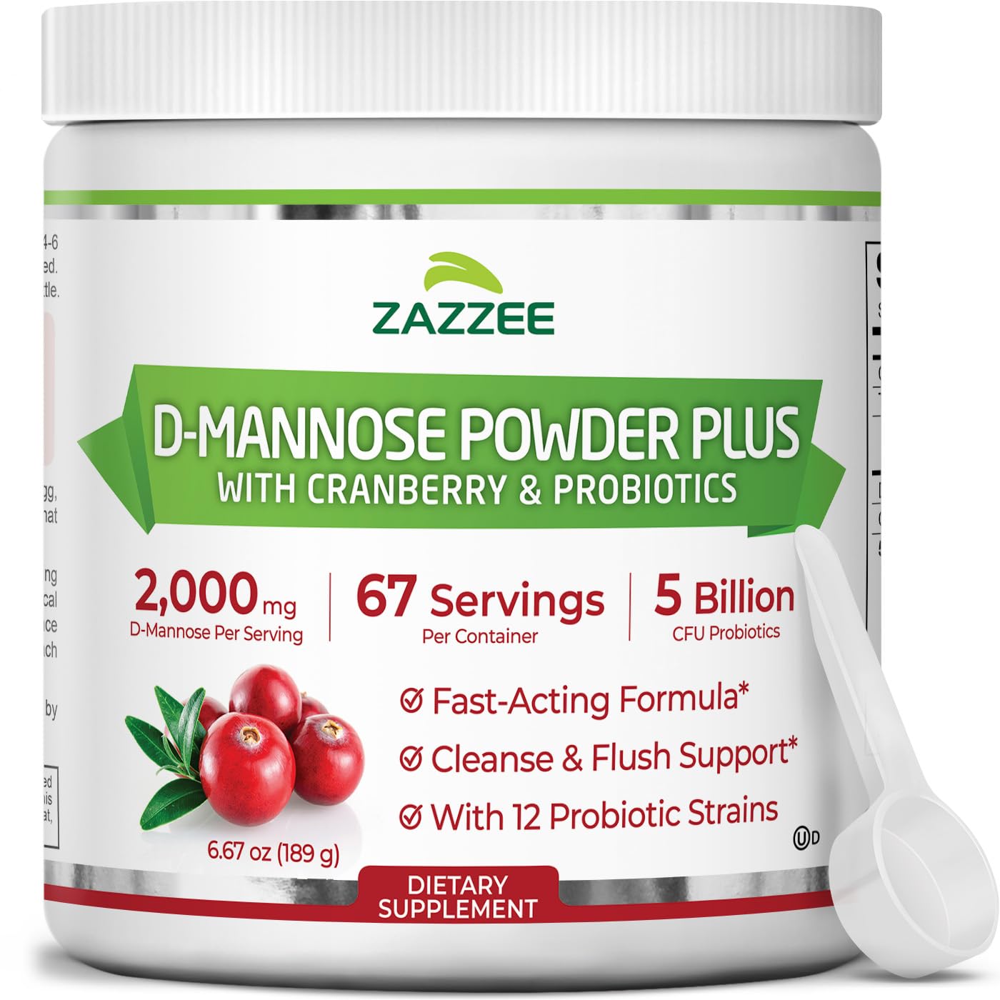 Zazzee D-Mannose Powder Plus bottle front showing label and product name for urinary health support
