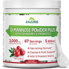 Zazzee D-Mannose Powder Plus bottle front showing label and product name for urinary health support