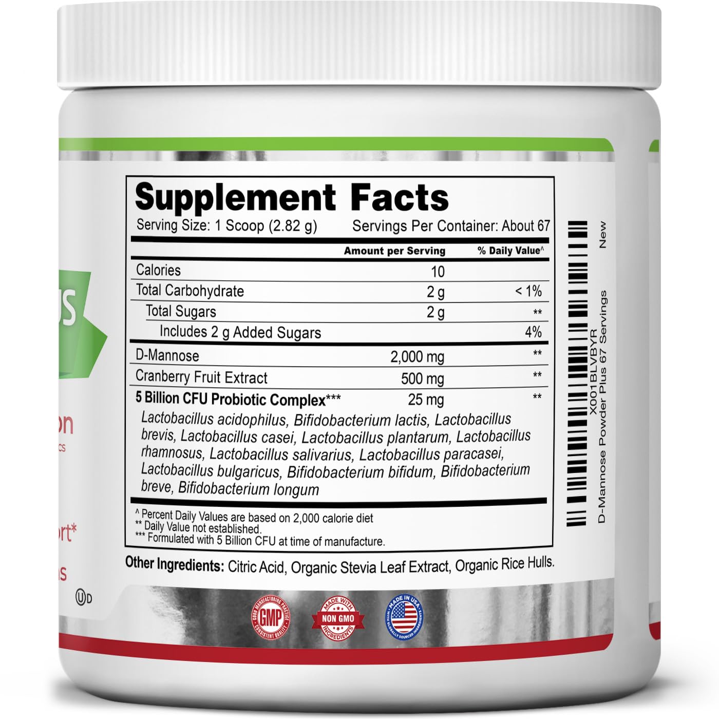 Zazzee D-Mannose Powder Plus cranberry extract ingredient detail in natural product