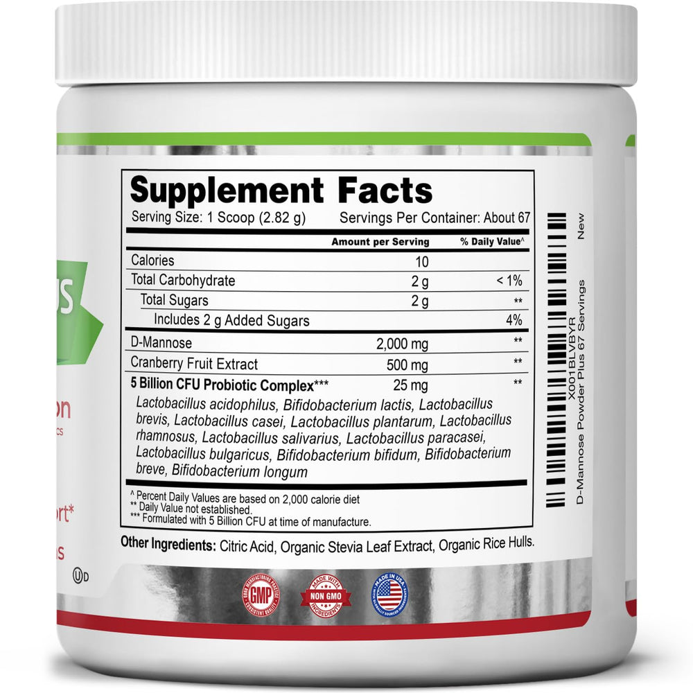 Zazzee D-Mannose Powder Plus cranberry extract ingredient detail in natural product