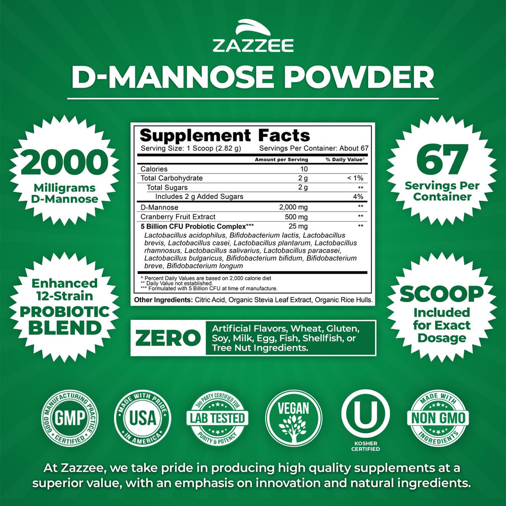 Zazzee D-Mannose Powder Plus free scoop inside the container for exact dosing
