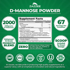 Zazzee D-Mannose Powder Plus free scoop inside the container for exact dosing