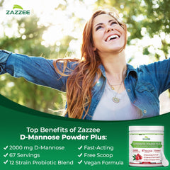 Zazzee D-Mannose Powder Plus label closeup highlighting cranberry extract and probiotic blend