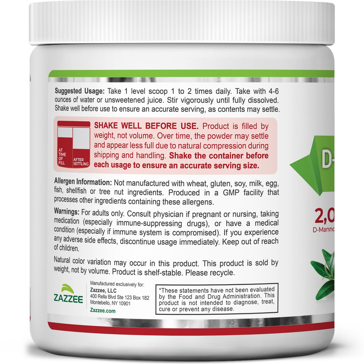 Zazzee D-Mannose Powder Plus probiotic blend graphic indicating 5 billion CFU