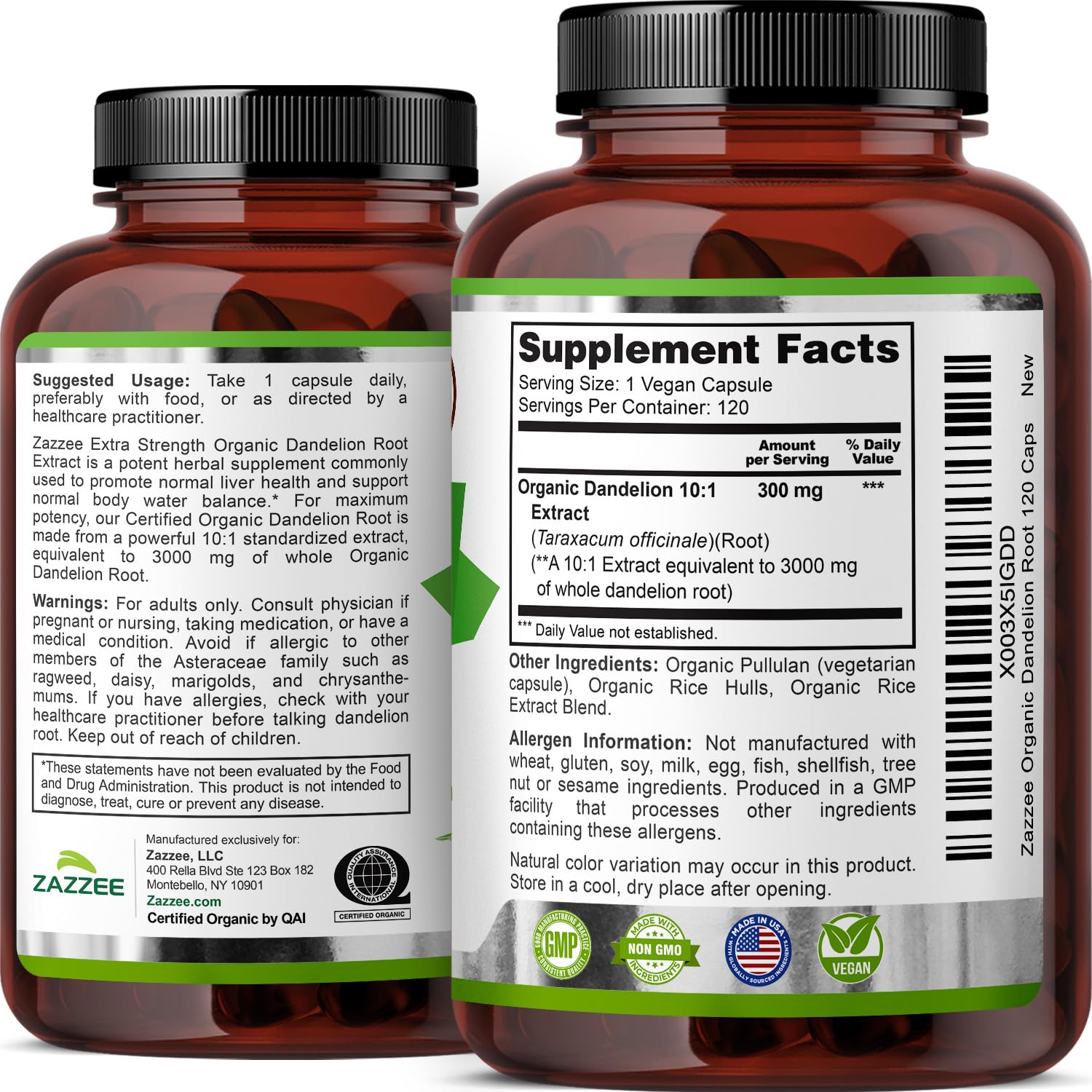 Zazzee Dandelion Root 10:1 extract highlighted on label for potency