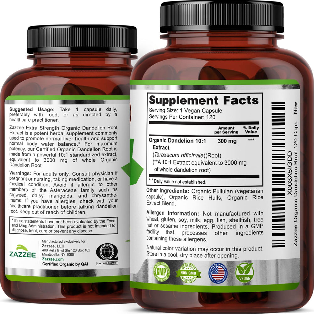 Zazzee Dandelion Root 10:1 extract highlighted on label for potency