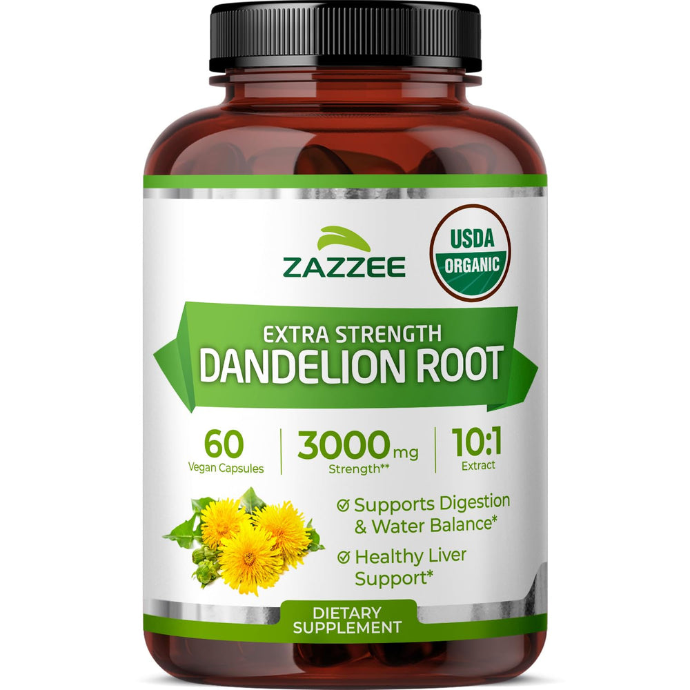 Zazzee Dandelion Root Extract bottle shows organic, potent formula for daily use.