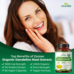 Organic seal on Zazzee label emphasizes pure, certified organic dandelion root.