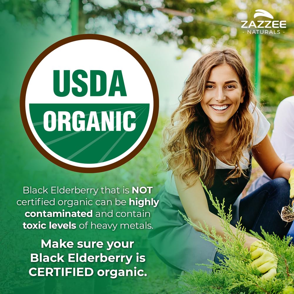 Zazzee elderberry extract label closeup shows organic certification and clean ingredients.
