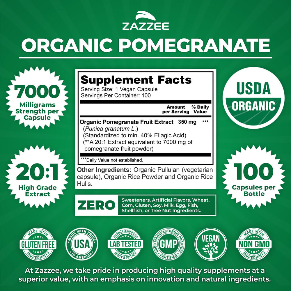 Zazzee ellagic acid 40 percent label highlights potent extract characteristics.