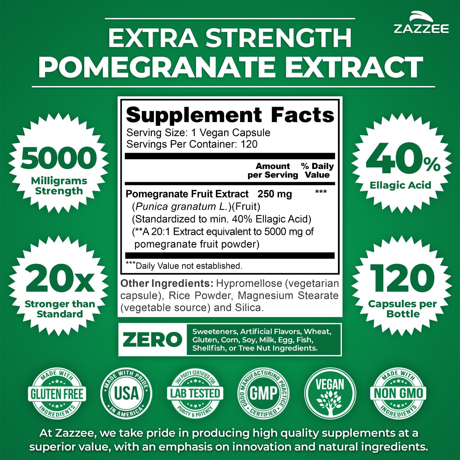 Zazzee Ellagic Acid 40 percent label emphasizes standardized potency.