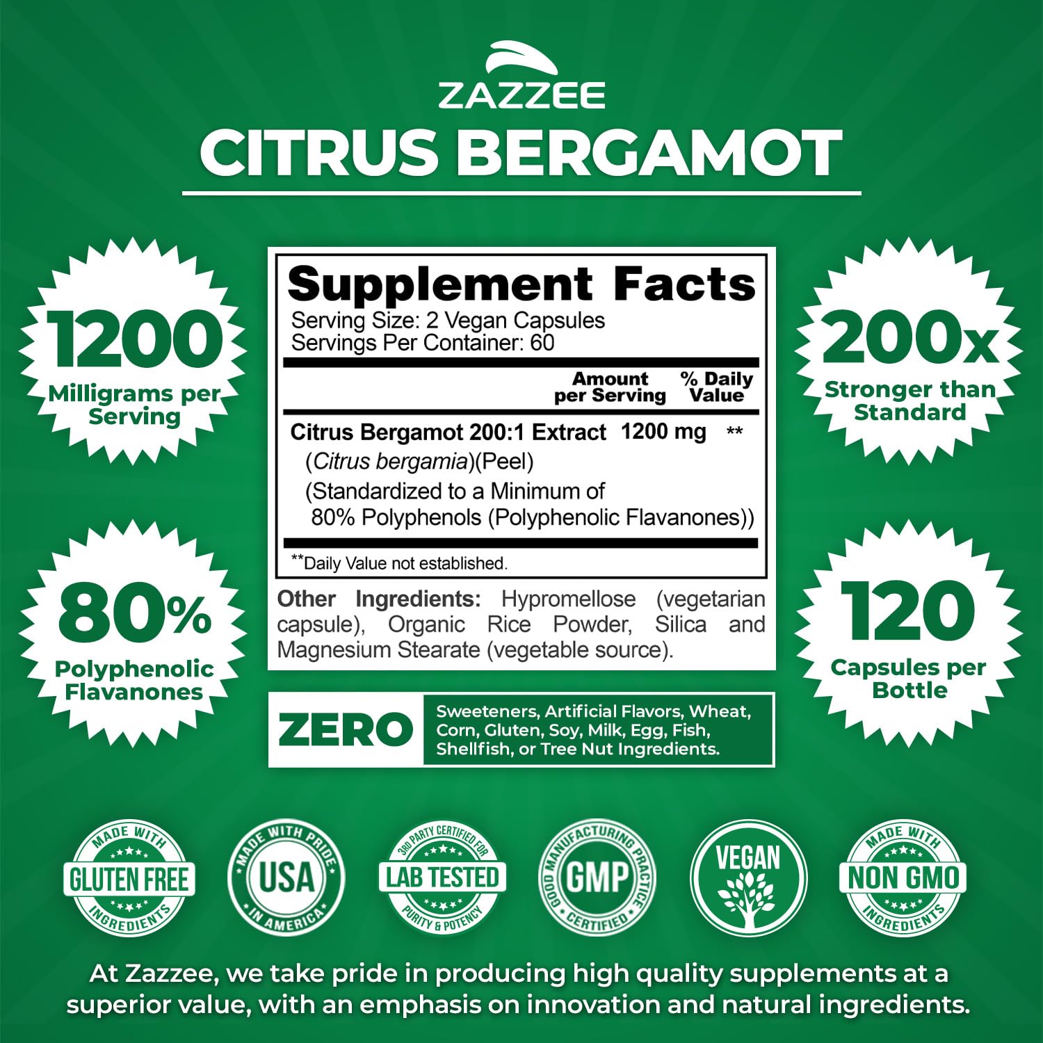 Closeup of Zazzee extra-strength bergamot capsules for easy daily use