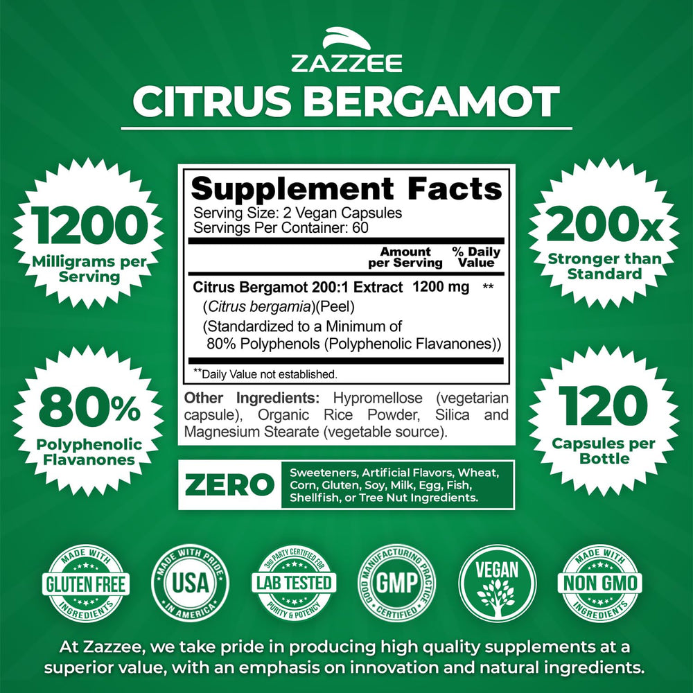 Closeup of Zazzee extra-strength bergamot capsules for easy daily use
