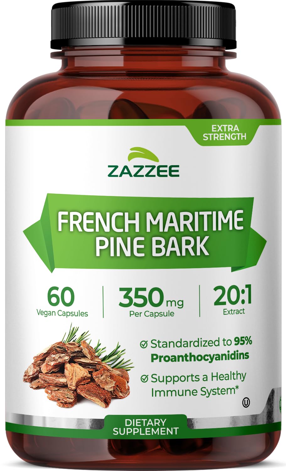 Zazzee extra strength pine bark bottle front with two‑month supply highlight.