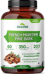 Zazzee extra strength pine bark bottle front with two‑month supply highlight.