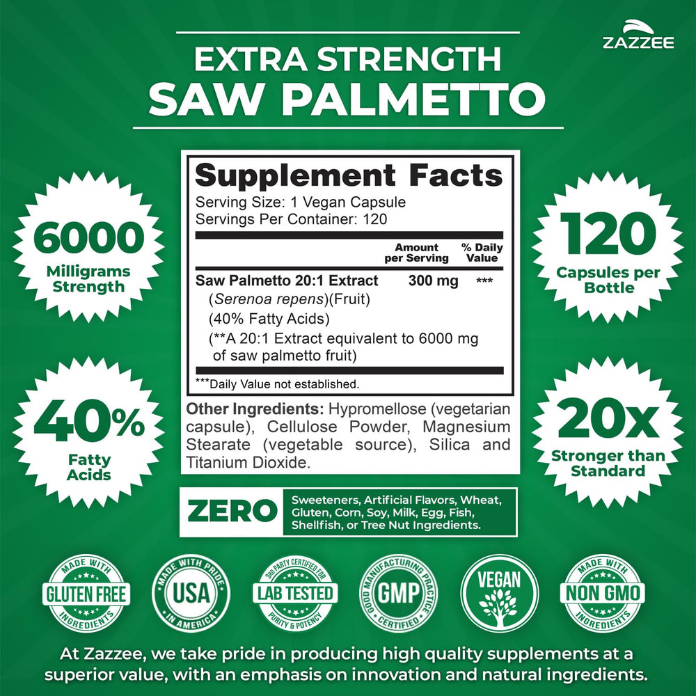 Zazzee saw palmetto label highlights 20:1 extract and 40% fatty acids.