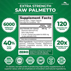 Zazzee saw palmetto label highlights 20:1 extract and 40% fatty acids.