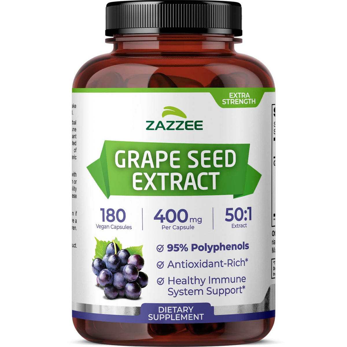 Zazzee grape seed extract bottle front view showing 50:1 potency for daily use