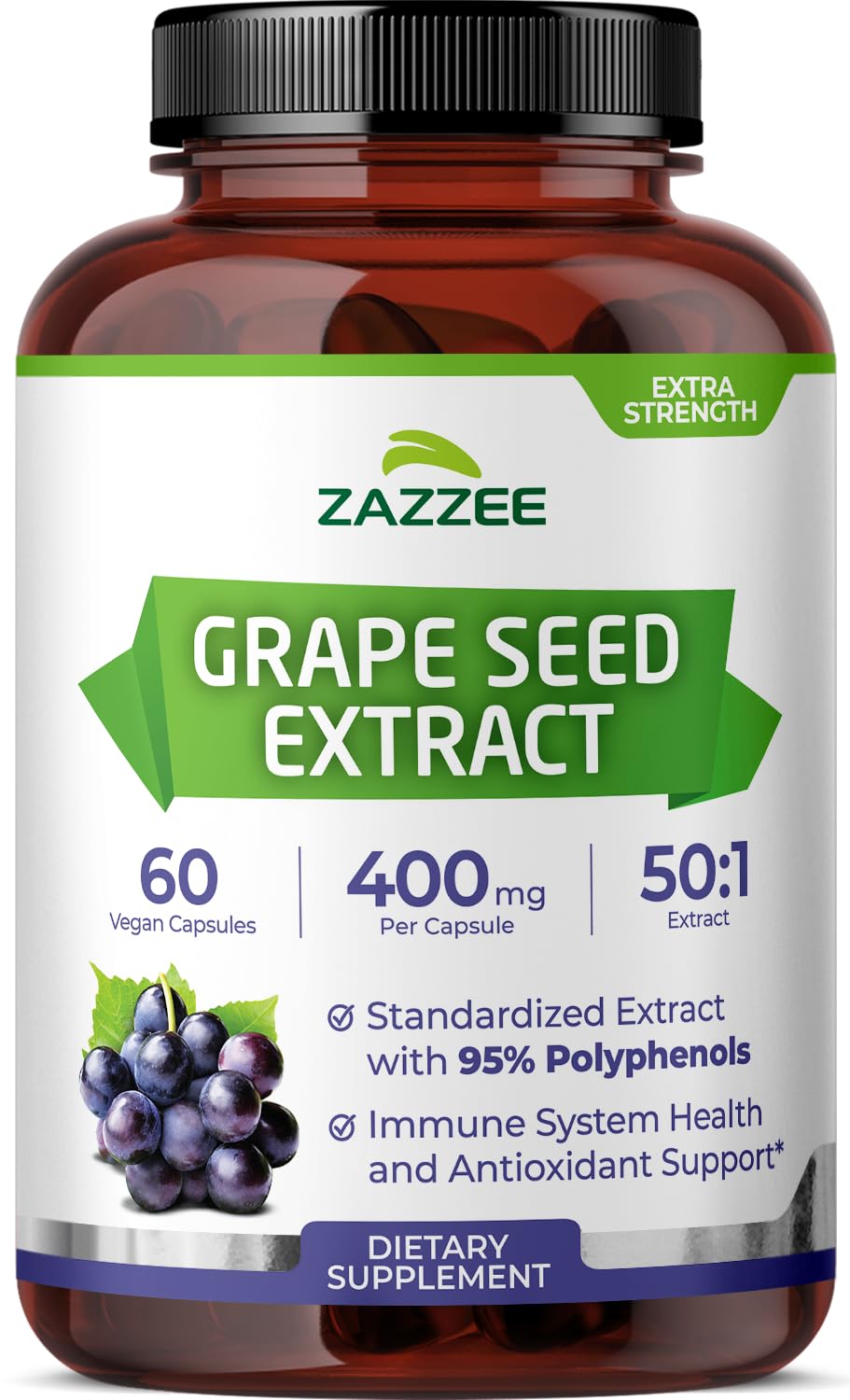 Zazzee grape seed extract bottle showing 50:1 potency and polyphenols