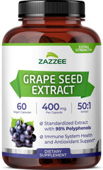 Zazzee grape seed extract bottle showing 50:1 potency and polyphenols