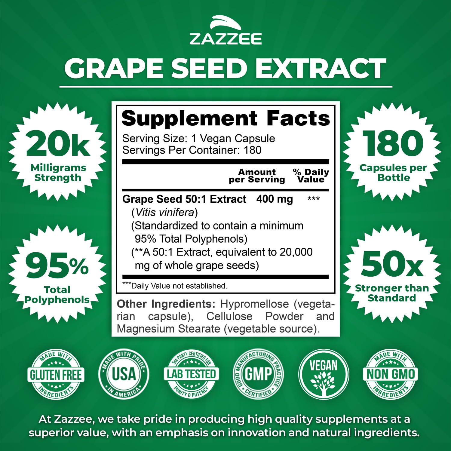 Zazzee capsules pack for 180 vegan capsules, six-month supply