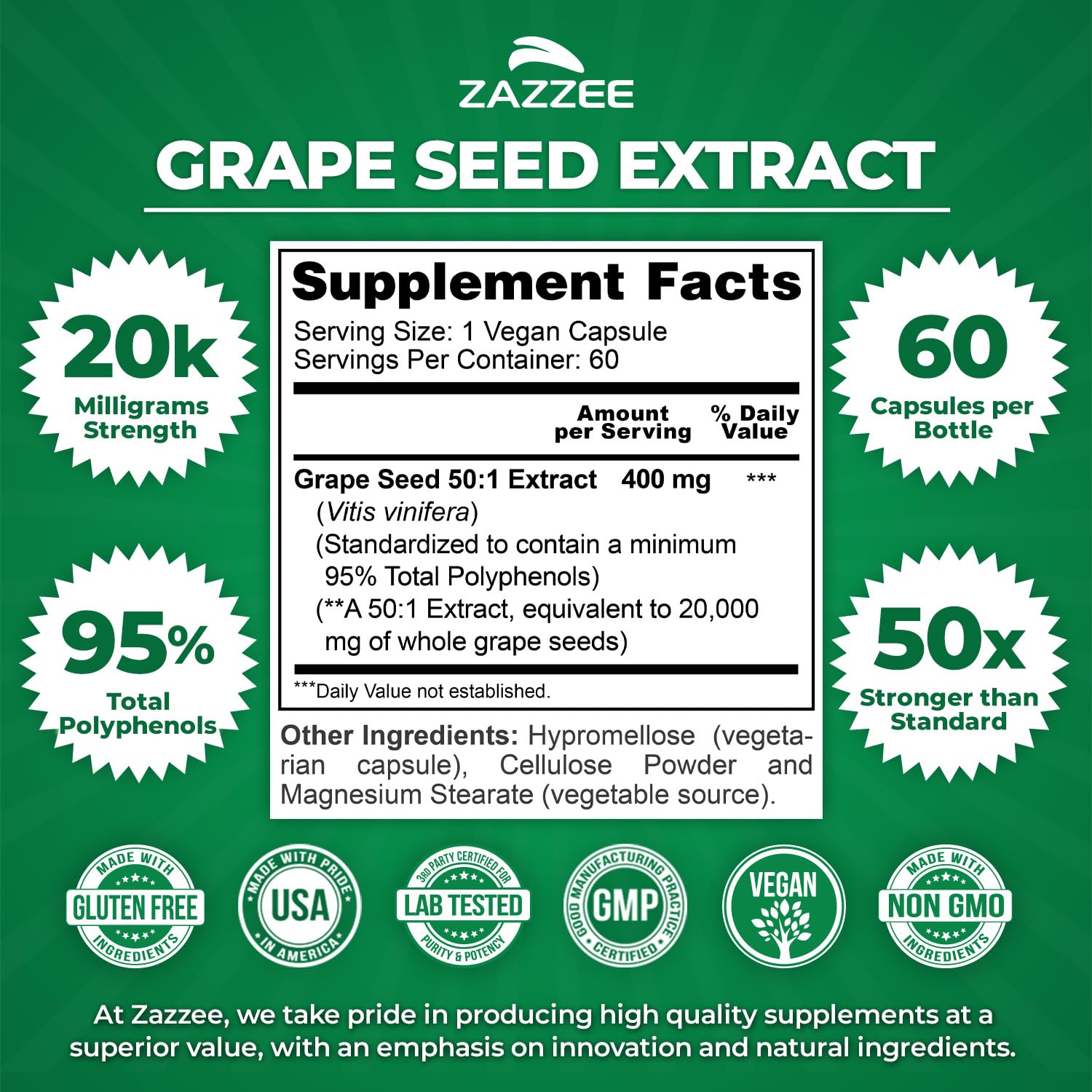 Zazzee grape seed extract capsules illustrating vegan, non-GMO convenience