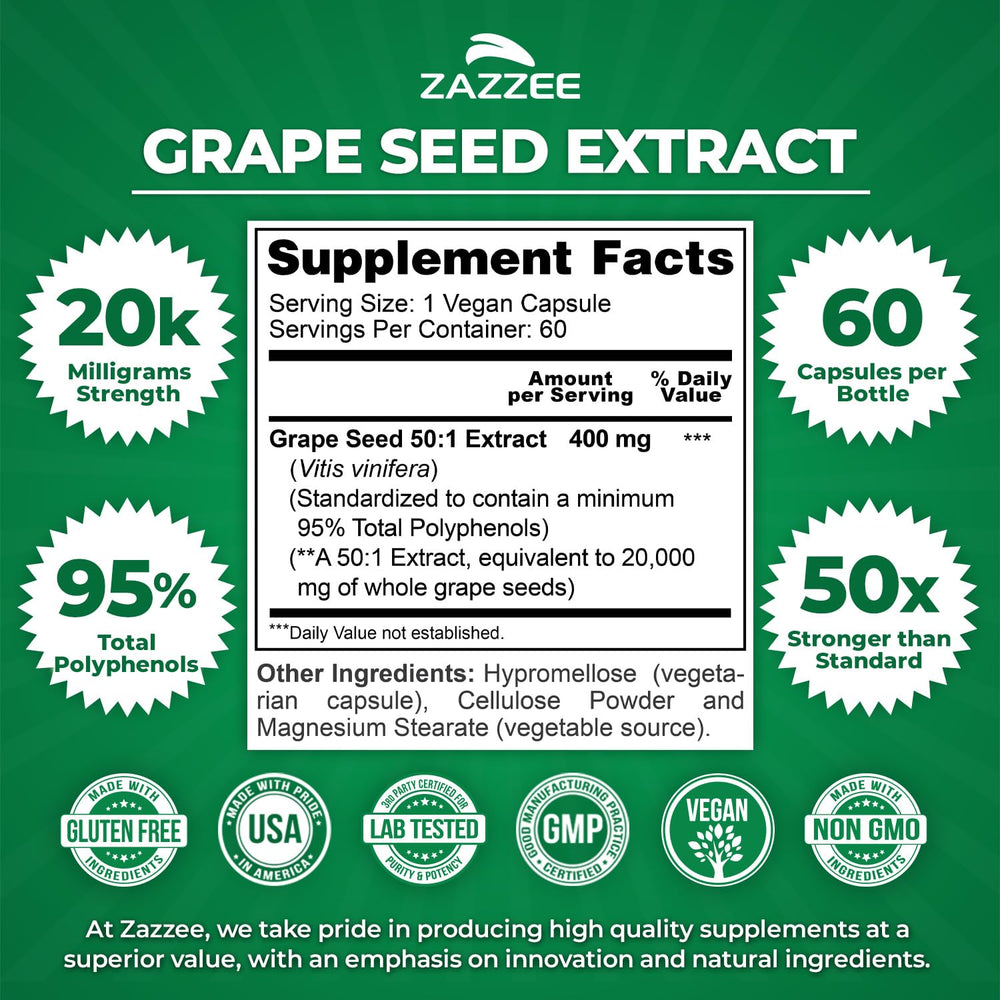 Zazzee grape seed extract capsules illustrating vegan, non-GMO convenience