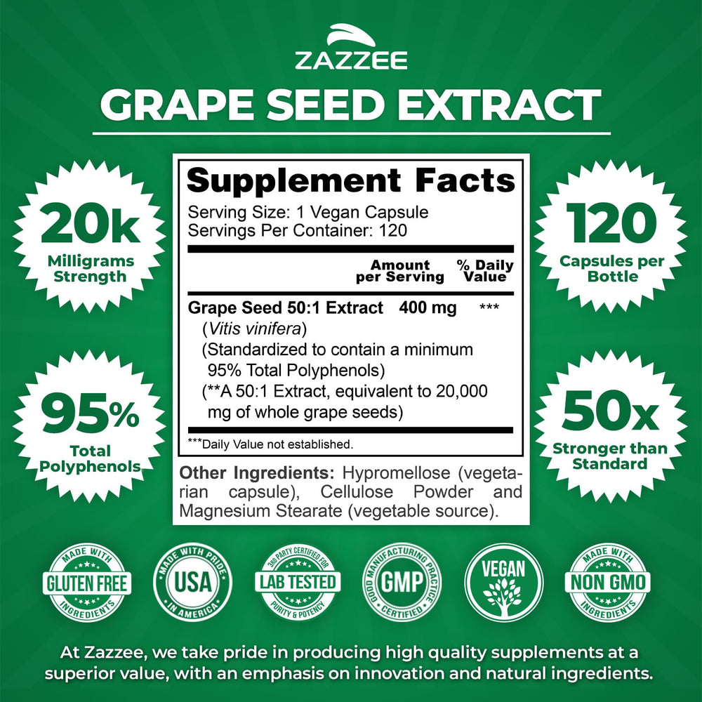 Zazzee Grape Seed 50:1 capsules highlight potency and high bioavailability.