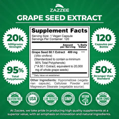 Zazzee Grape Seed 50:1 capsules highlight potency and high bioavailability.