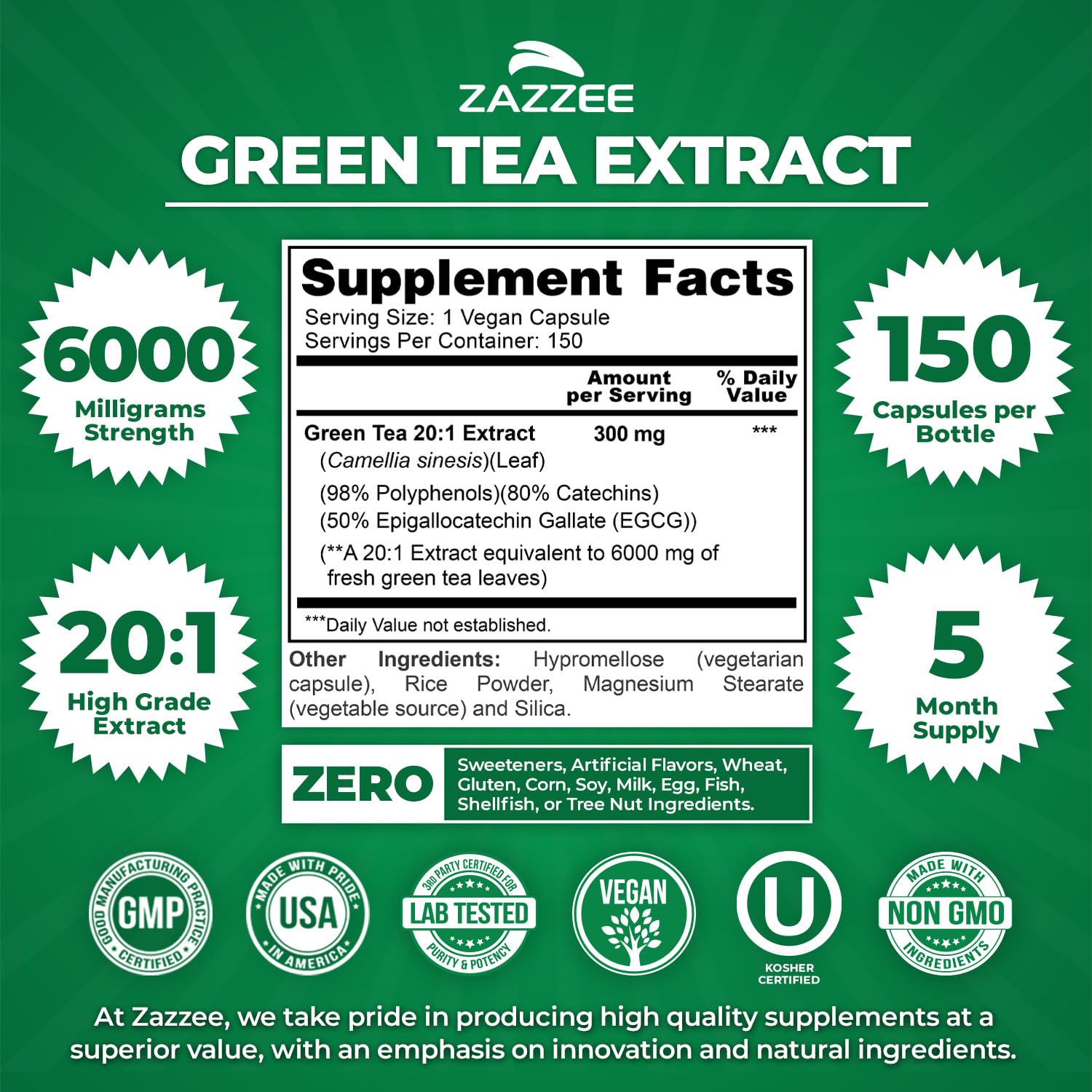 Zazzee Green Tea Extract label shows 50 percent EGCG and 98 percent polyphenols