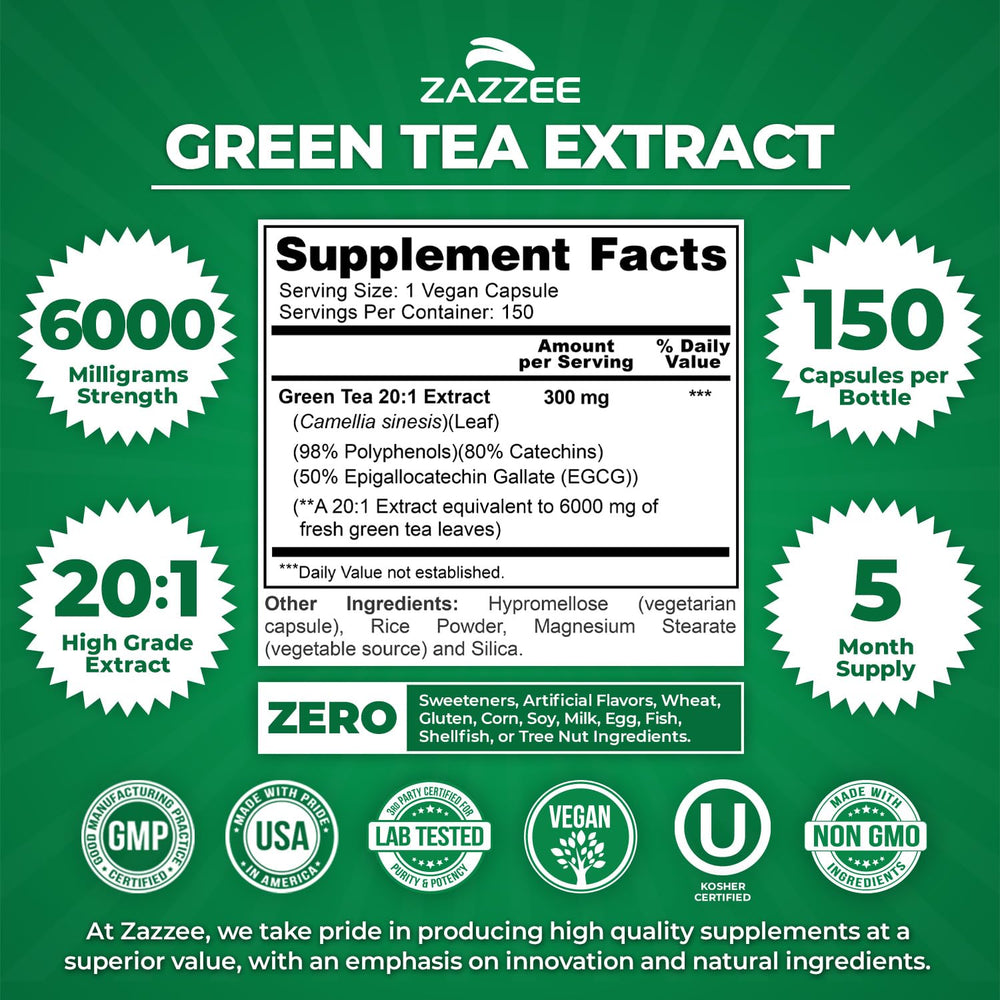 Zazzee Green Tea Extract label shows 50 percent EGCG and 98 percent polyphenols