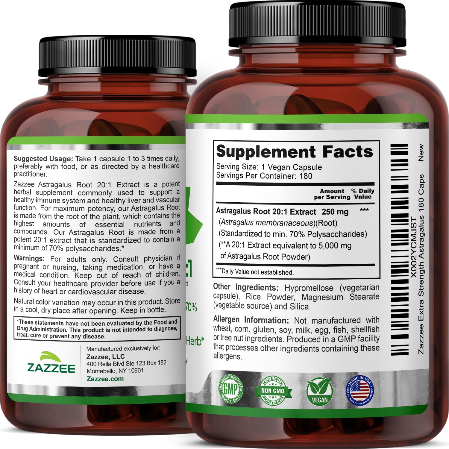 Zazzee product label details vegan friendly, allergen free supplement.