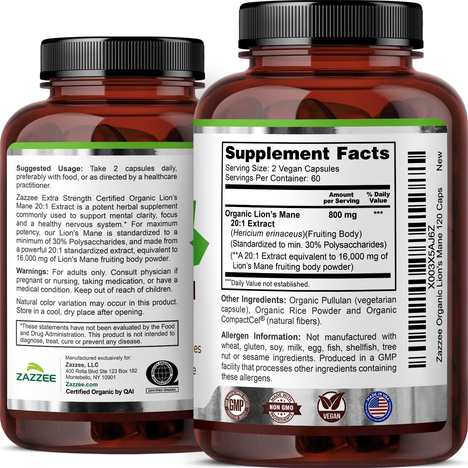 Pack of 120 vegan capsules from Zazzee Lion’s Mane.