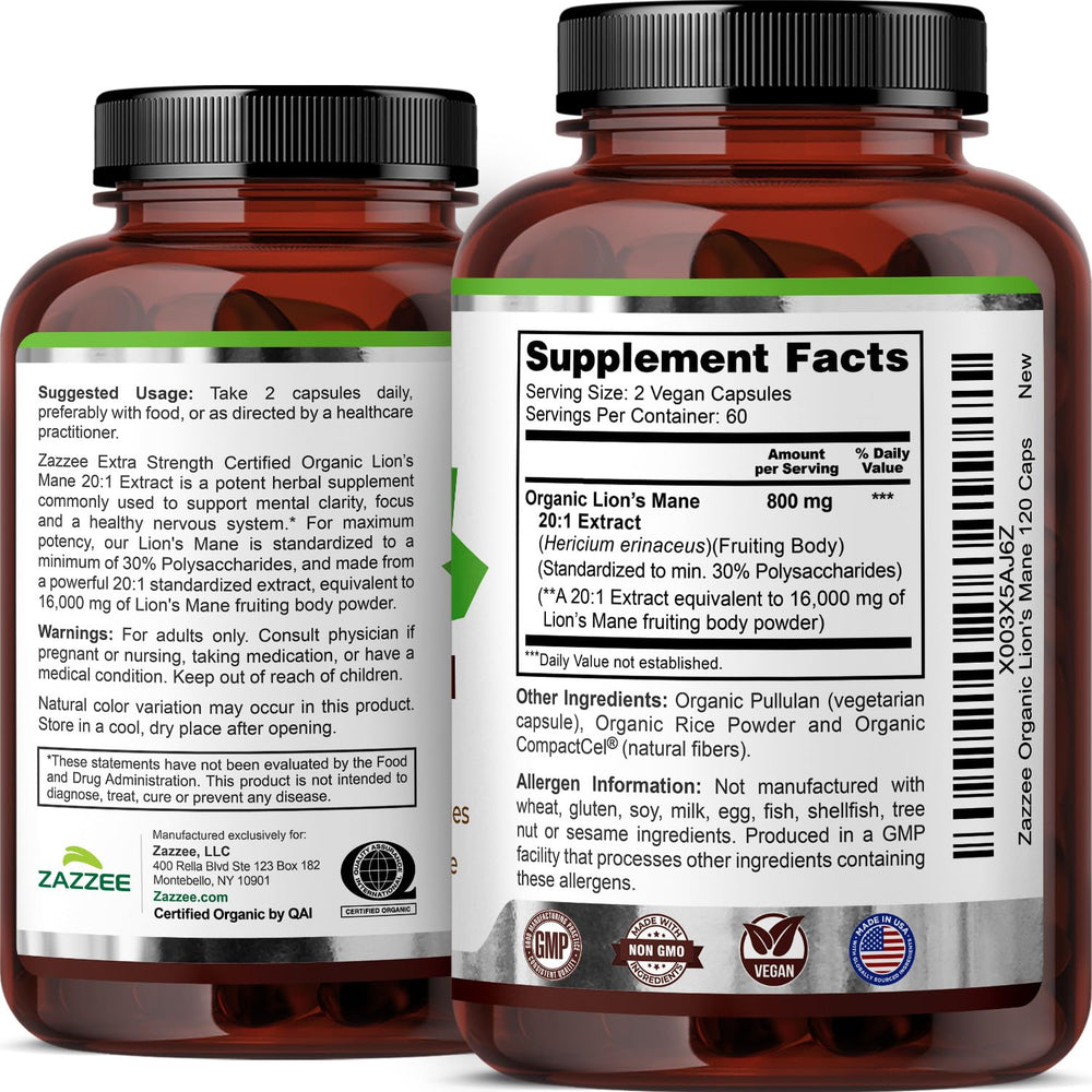 Pack of 120 vegan capsules from Zazzee Lion’s Mane.