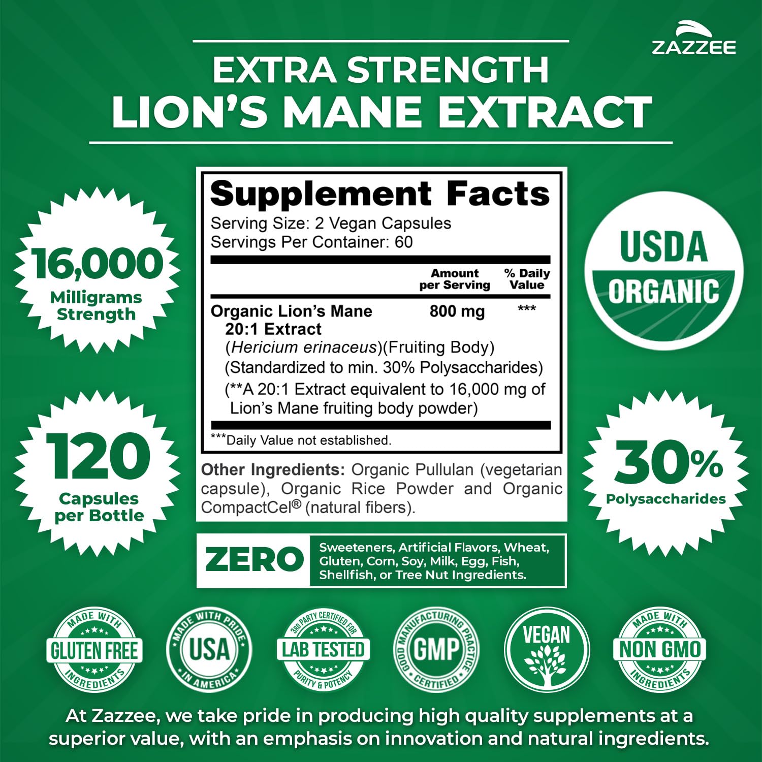 Label highlights 30% polysaccharides for standardized potency.