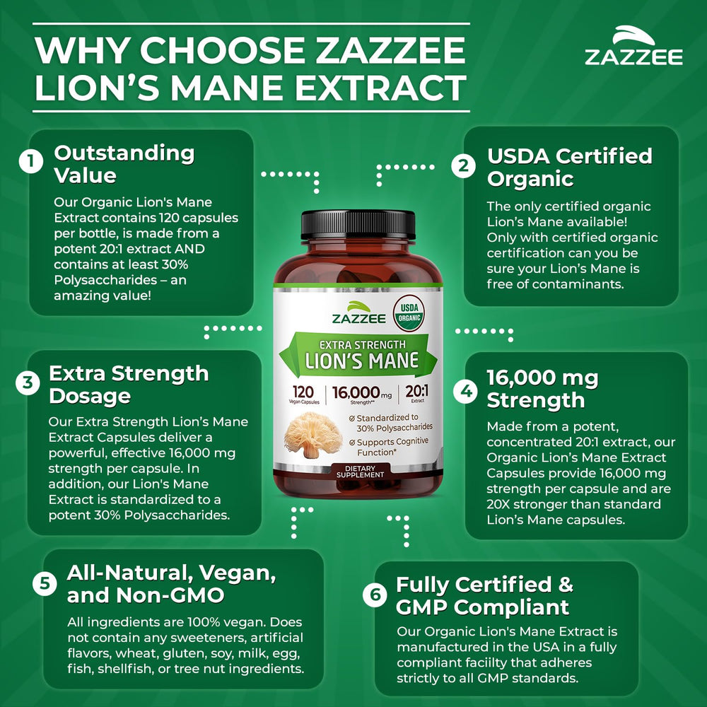 Organic certification seal on Zazzee Lion’s Mane packaging.