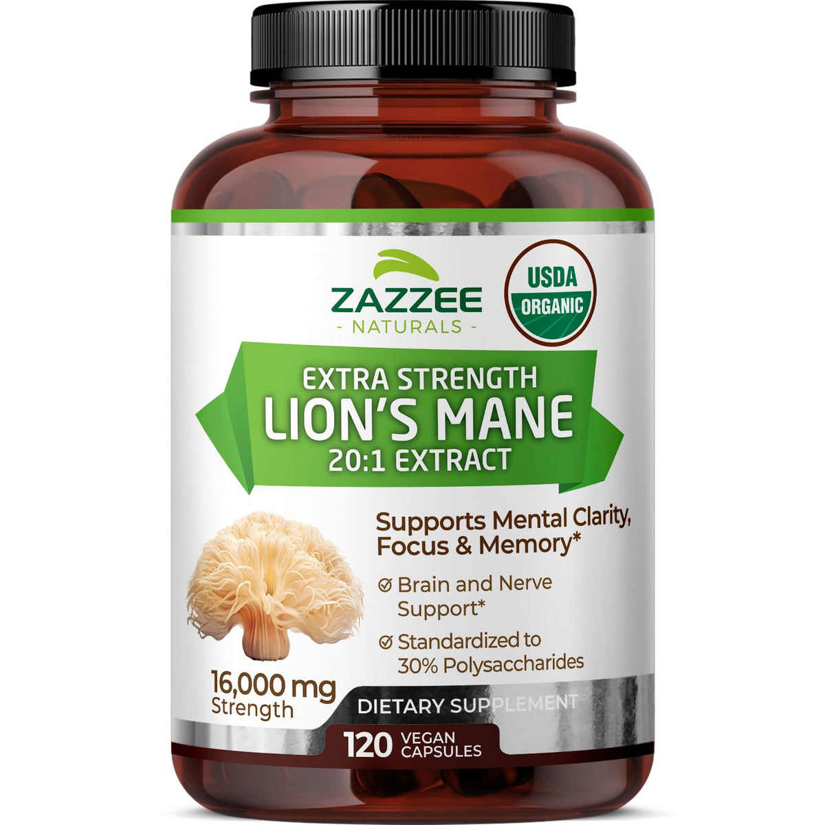 Zazzee Lion’s Mane organic bottle on display for daily brain support.