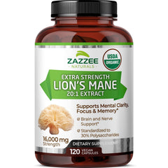 Zazzee Lion’s Mane organic bottle on display for daily brain support.