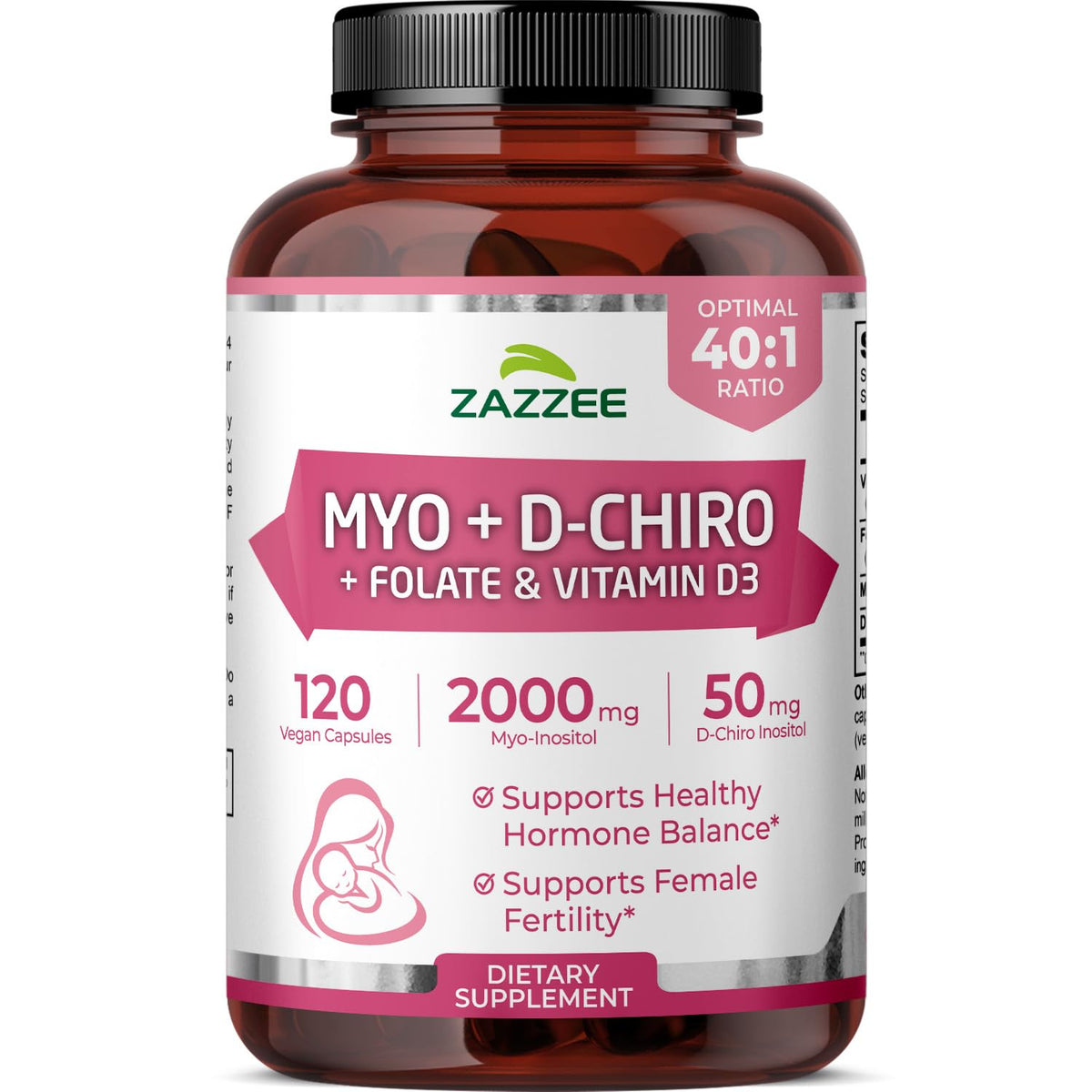 Zazzee Myo- and D-Chiro Inositol bottle for daily balance.