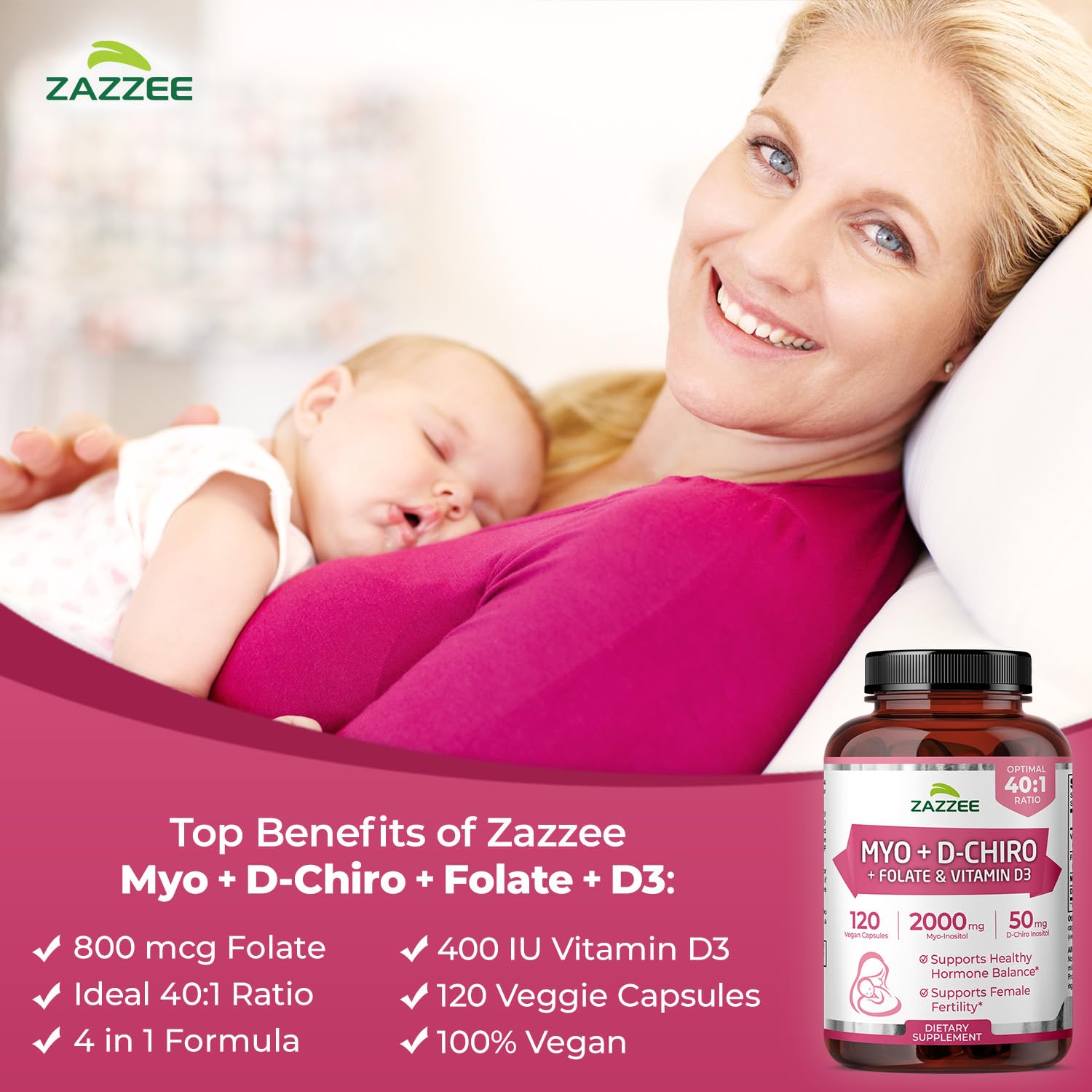 Zazzee ingredients label highlights Myo- and D-Chiro Inositol blend.