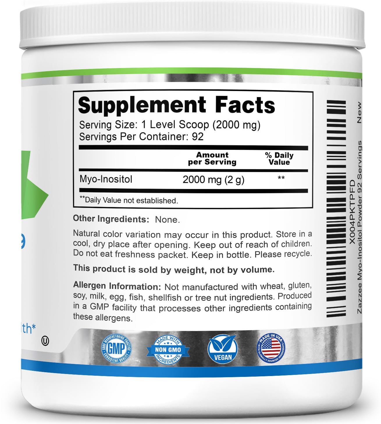 Airtight cap and secure seal on Zazzee Myo-Inositol Powder bottle