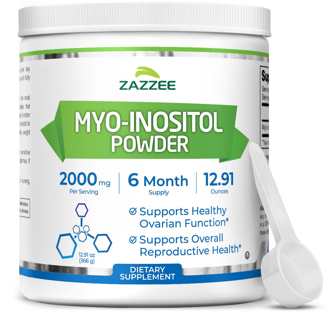Zazzee Myo-Inositol Powder bottle front showing a 6‑month supply for reproductive support