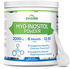 Zazzee Myo-Inositol Powder bottle front showing a 6‑month supply for reproductive support