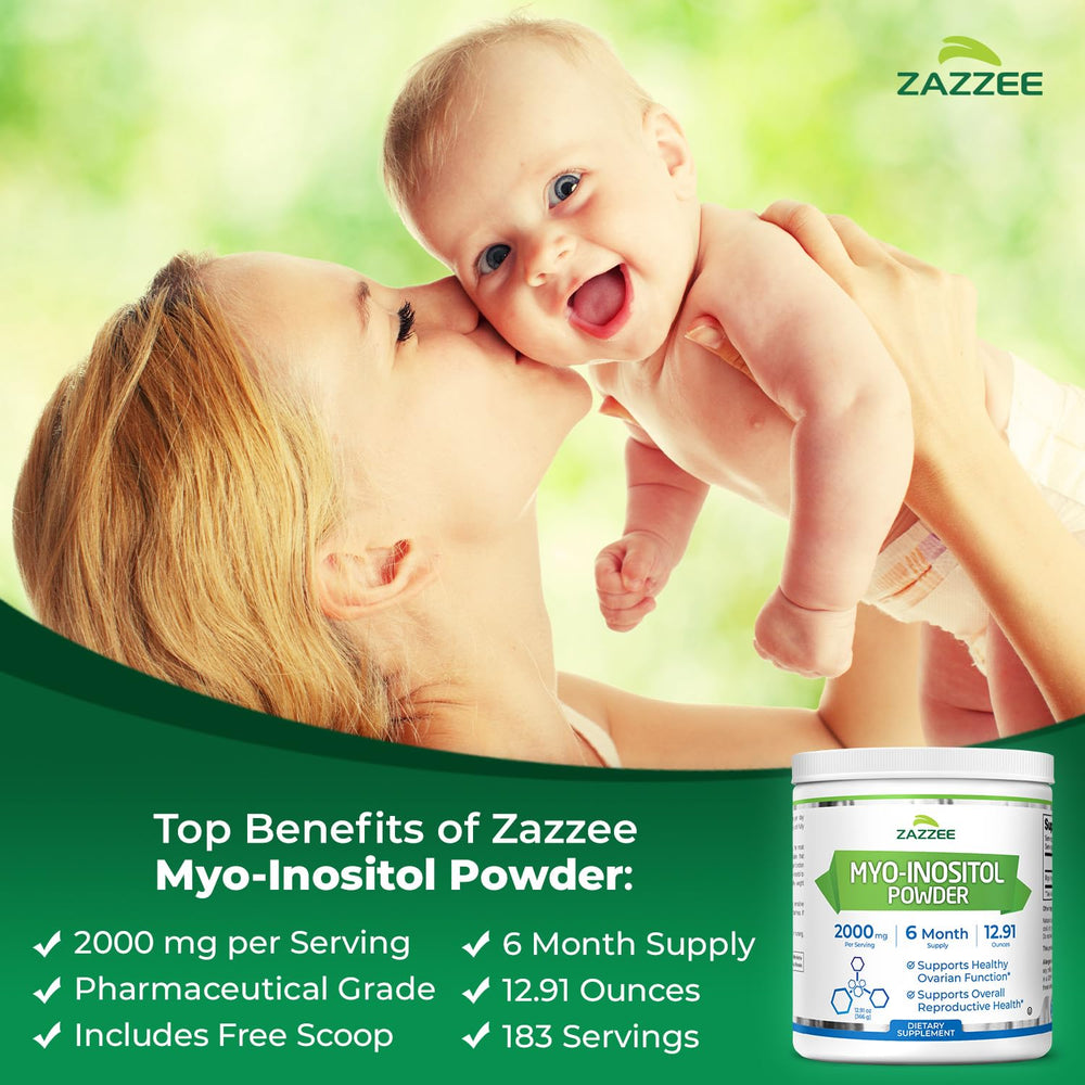 Serving highlight of 2000 mg per dose of Zazzee Myo-Inositol Powder