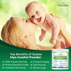 Serving highlight of 2000 mg per dose of Zazzee Myo-Inositol Powder