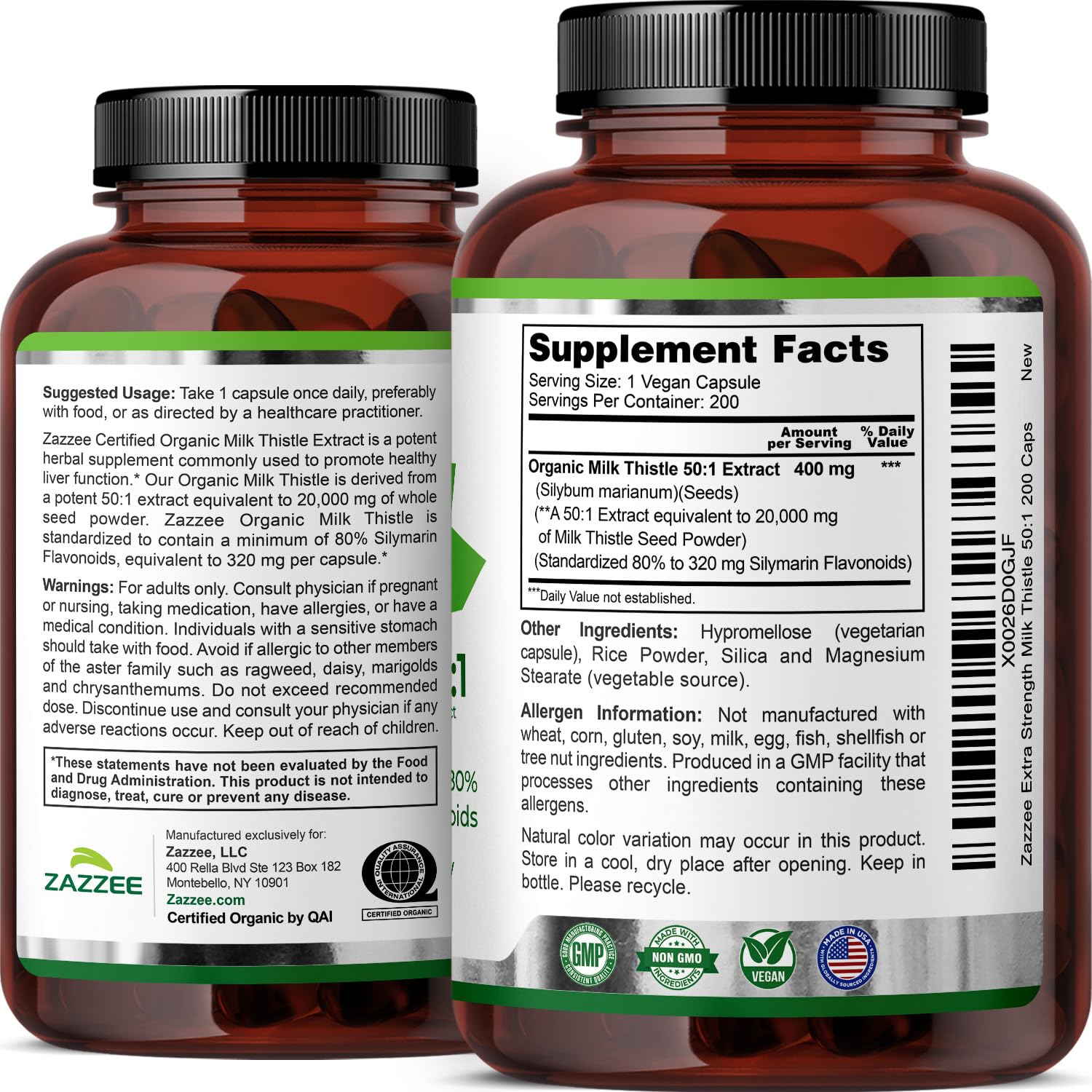 Ingredient panel highlights non-GMO, clean formula from Zazzee Milk Thistle