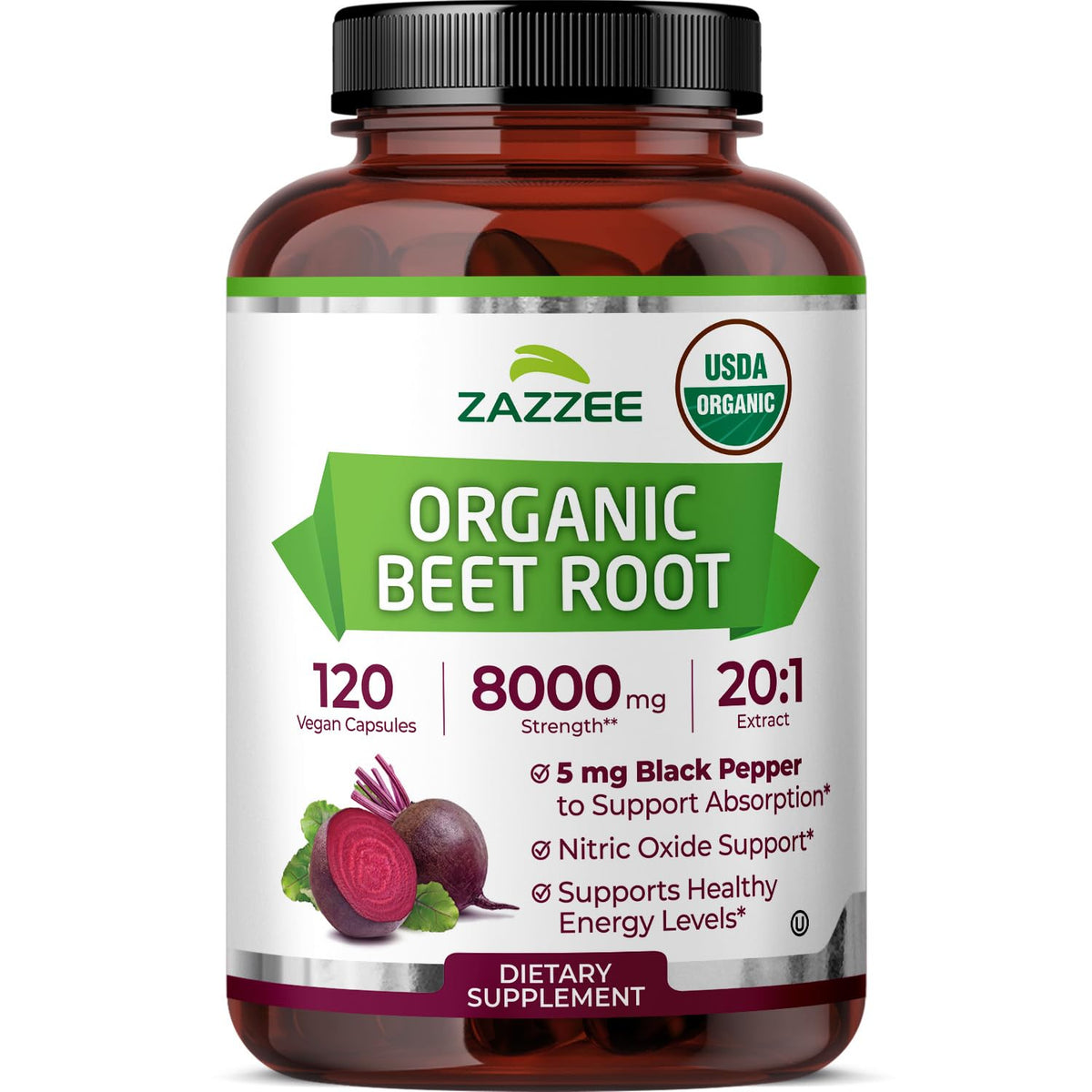 Zazzee Organic Beet Root 20:1 extract bottle closeup emphasizes organic quality