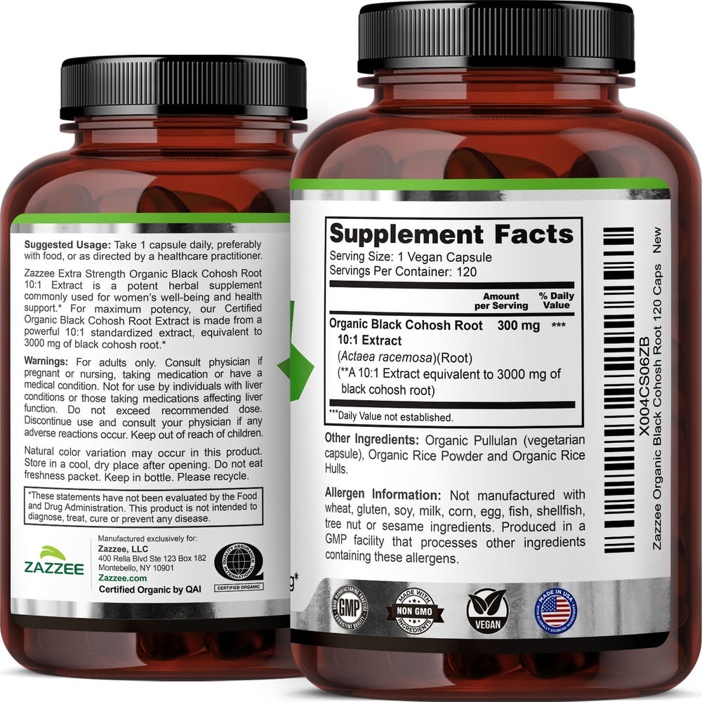 Organic certification seal on Zazzee Black Cohosh product
