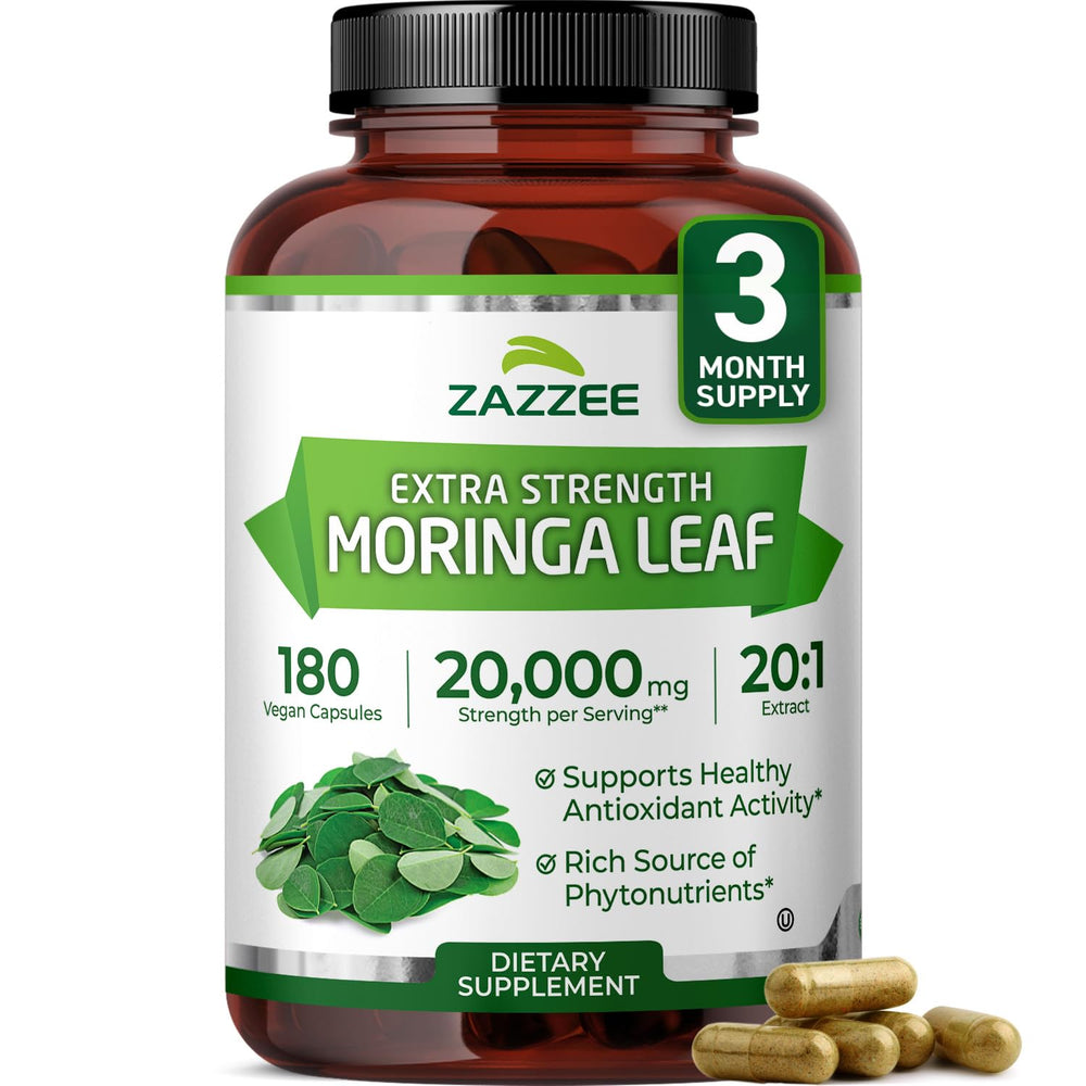 Zazzee Organic Moringa 20:1 extract bottle with potent daily formula