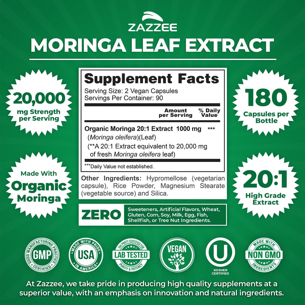 Zazzee Organic Moringa capsules show vegan non GMO daily supplement